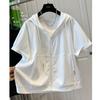 T-shirt à capuche en coton à manches courtes de couleur unie grande taille pour femme, Cardigan à fermeture éclair ample polyvalent, Épaules tombantes amples blanc pur
