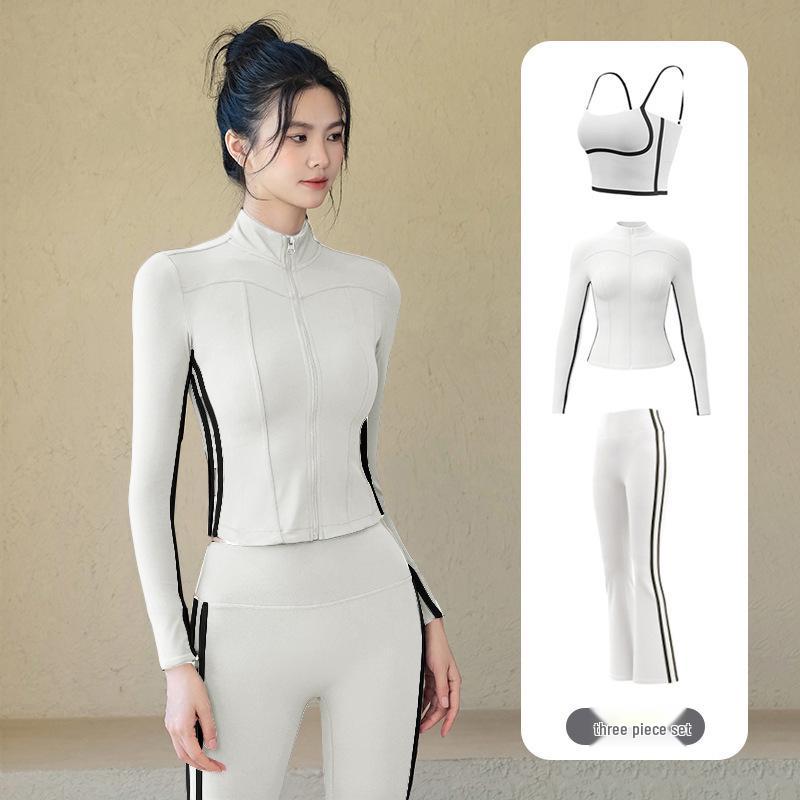 Flared Women's Yoga Pants and Sports Bra Set - Slimming, Striped, Tight-Fit for Running & Exercise