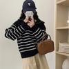 Autumn and Winter Wear Retro Striped Knitted Sweater Women Contrasting Color Half Zipper Lapel Pullover Sweater Women Casual Lazy