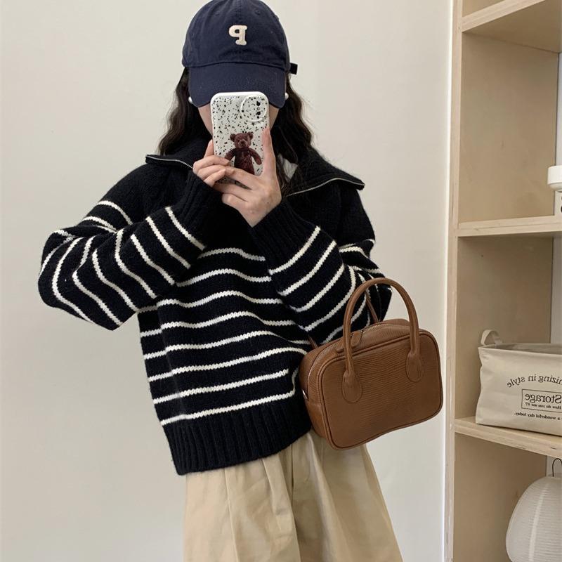 Autumn and Winter Wear Retro Striped Knitted Sweater Women Contrasting Color Half Zipper Lapel Pullover Sweater Women Casual Lazy