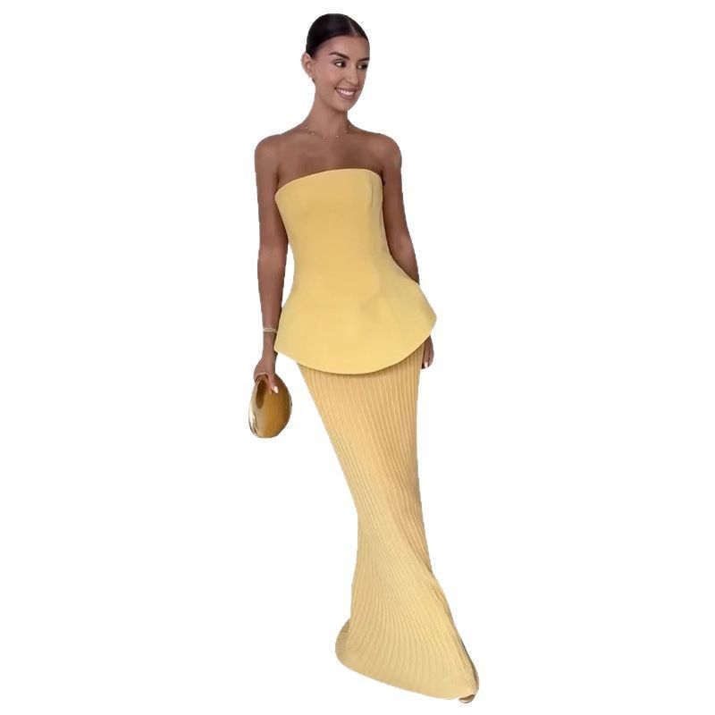 2025 Spring and Summer New Temperament Waist Hugging Tube Top Pleat Skirt sets Half Skirt Set