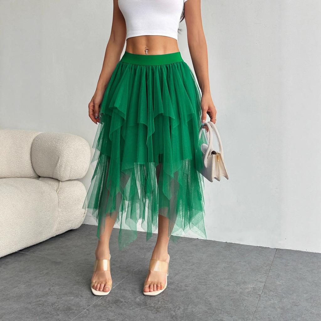 Gonna midi in tulle a vita alta da donna con orlo irregolare, a balze sovrapposte, a rete, linea ad A