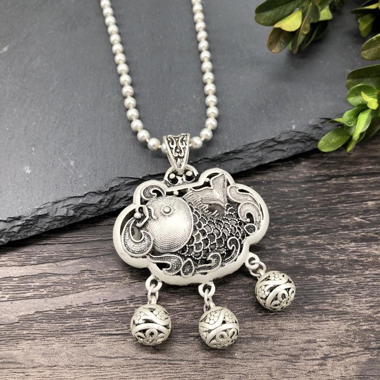Vintage Thai silver long necklace flower pendant simple long sweater chain accessories women