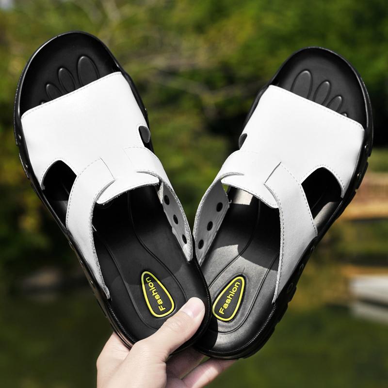 Genuine Leather Slippers Men Outdoor Non-slip Summer Shoes Home Fashion Casual Shoes Cool Soft Beach Pantuflas Plus Size 37-49