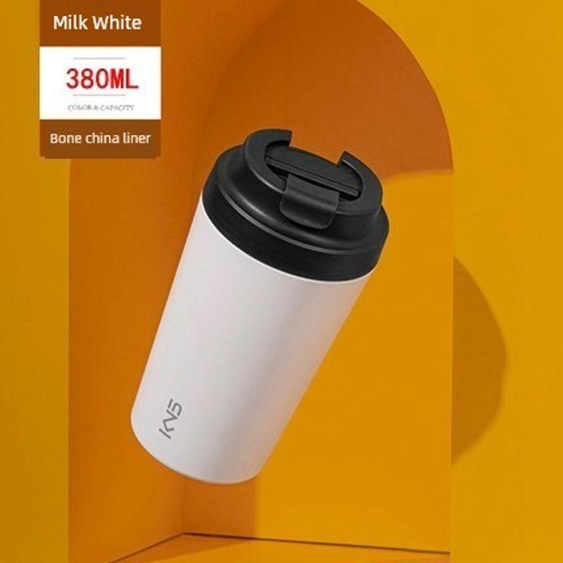

Japanese Real Ceramic Inner Coffee Cup for Women, Large Capacity Thermos Cup, High Aesthetic Travel Mug, High-End Portable Tea Cup Milk White (380ml Bone China Liner)_