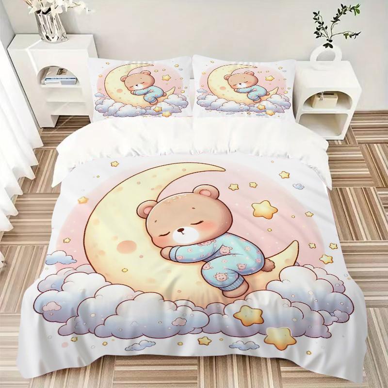 3-teiliges Bären auf dem Mond Bettwäsche-Set - Weich und bequem für Schlafzimmer, Gästezimmer und Wohnheim Dekor Bettwäsche-Set 1 Bettbezug + 2 Kissenbezüge.M012