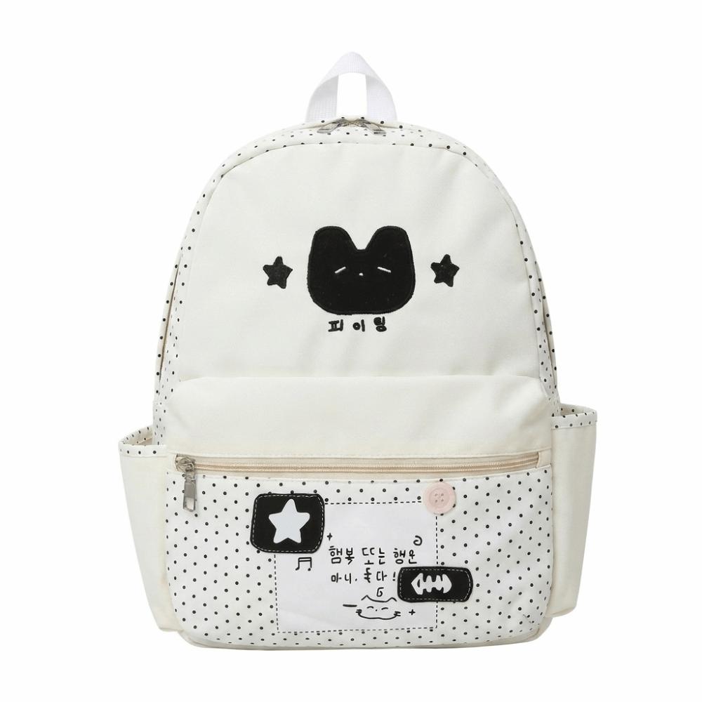 Large Capacity Cat Print Daypack Nylon School Bag Ins Style Polka Dot Patchwork Backpack  Student белый