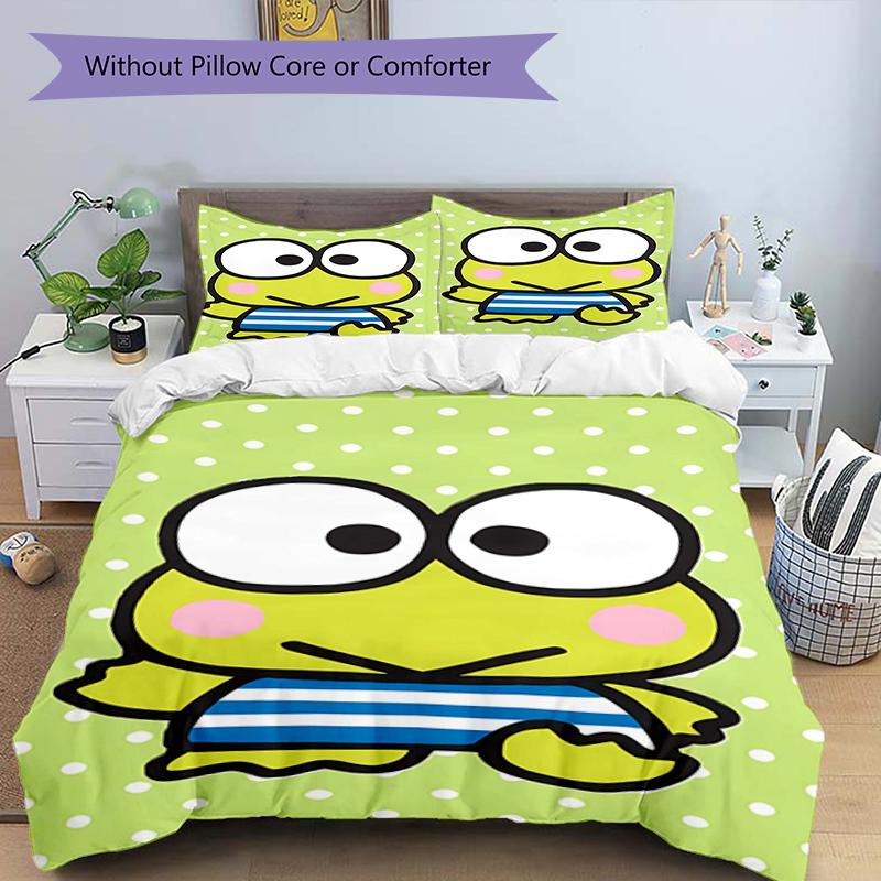 3pcs Sanrio KEROKERO KEROPPI1 Design Cover Set - HD Printed Bedding with 1 Cover and 2 Pillowcases - Perfect for Home and Dorm Decor