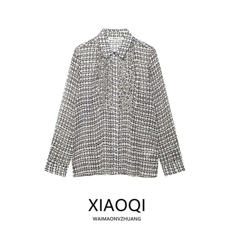 Fashion Style 2024 Fall and Winter New Women's Chest Laminated Decoration Print Long Sleeves Lapel Shirt 9029223