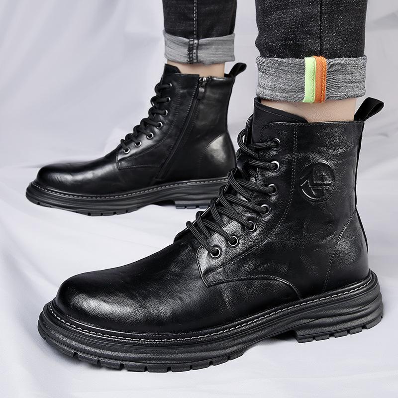 2025 Men's Genuine Leather High Top Martin Boots, Trendy Thick-Soled, Retro British Style, Plus Velvet.
