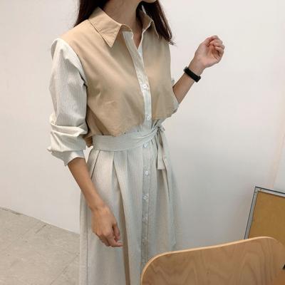 Spring Autumn French Striped Women's Shirts Dresses Lace Up Straight Korean Casual Loose A-Line Long Dress Female