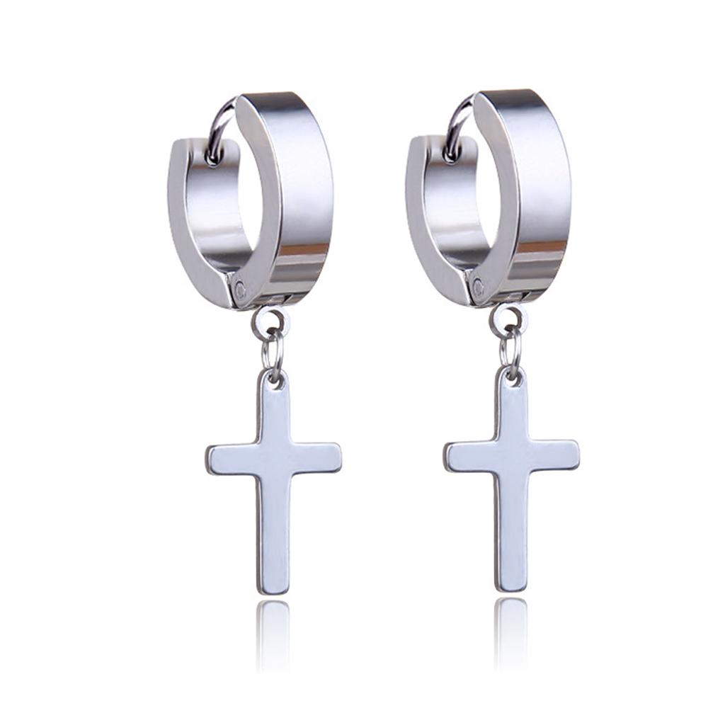 WKOUD 2PCS Stainless Steel No Piercing Cross For Men Kpop Clip On Cross Earring Gothic Punk Fake Ear Cuff Cross Earring Dangle