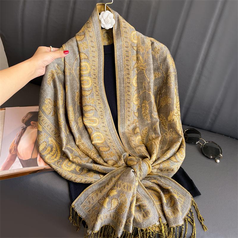 Luxury Pashmina Silk Scarf Shawl Wrap Paisley Jacquard Flowers Borders Layers Reversible Classic Tassels For Women 70X190cm