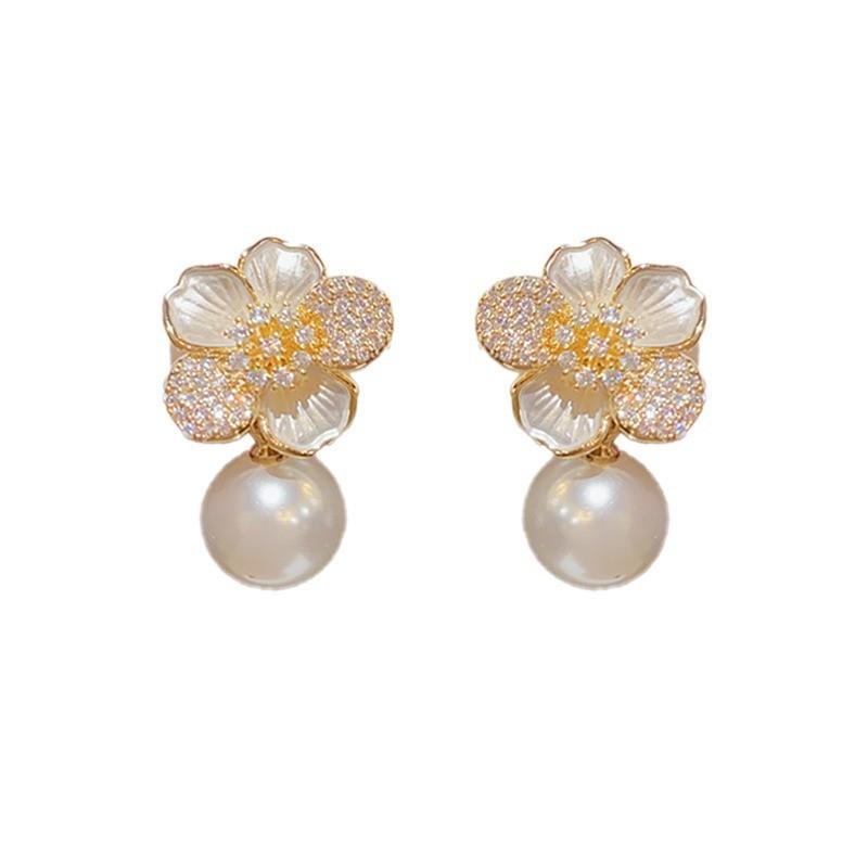 Pinkdudu Boucles d'oreilles clous en alliage de zinc avec zircone et fleur en verre coulant, élégantes et tendance, avec perles en résine pour femmes PD2268
