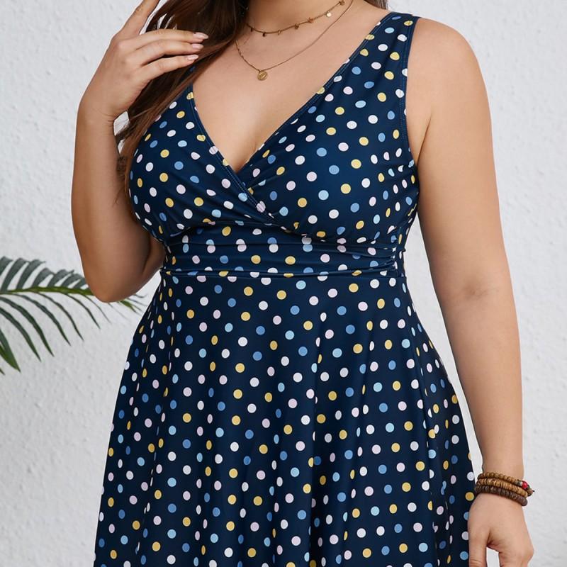 Plus Size Womens Modest High-Waisted One-Piece Swimsuit With Polka Dot Print Quick-Dry Elastic Fabric