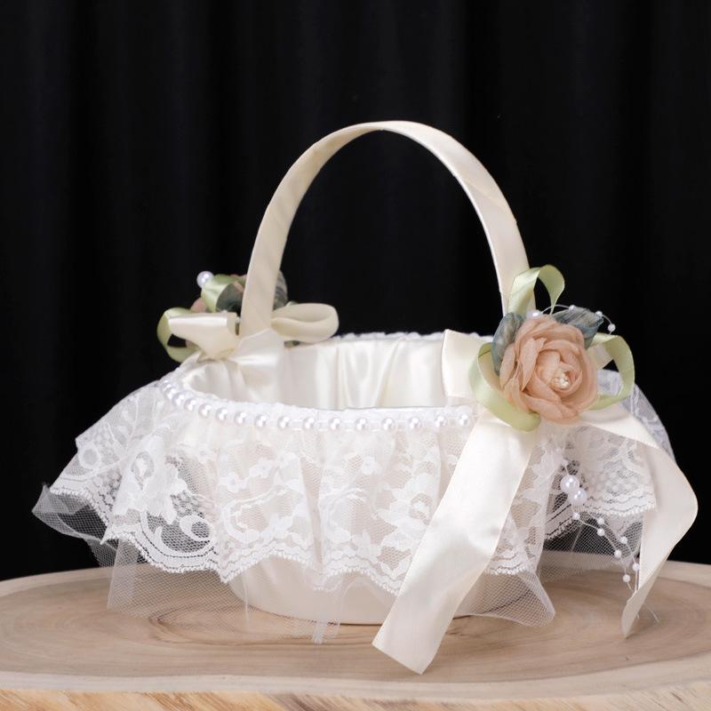 Ivory White Rose Wedding Flower Basket for Bride and Flower Girl