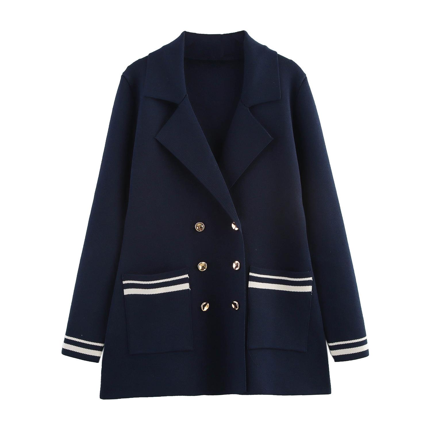 

TAOP&ZA Женский весенний повседневный вязаный жакет колор-блок двубортный Medium темно-синий