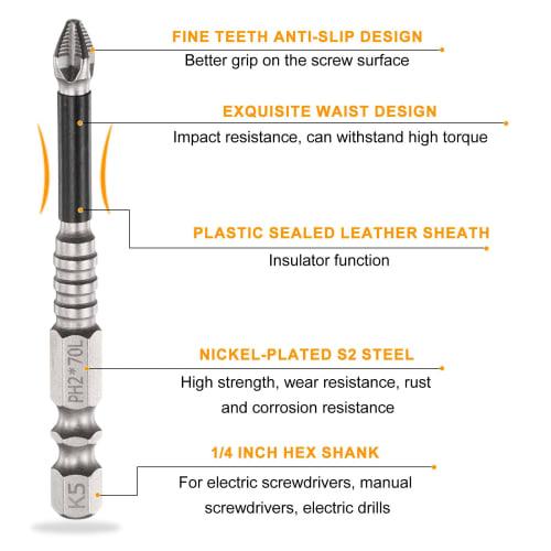 uxcell 2-Piece Phillips Bit Driver Bit, PH2, 70mm Long, Hex Shank, Strong Magnetic Bit, Non-Slip, for Electric Screwdrivers, Silver