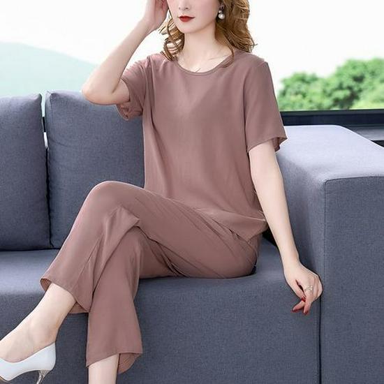 Summer Cotton Silk Women's Loose Two-Piece Set: Solid Color Short Sleeve Top and Long Pants, Plus Size Casual Wear.