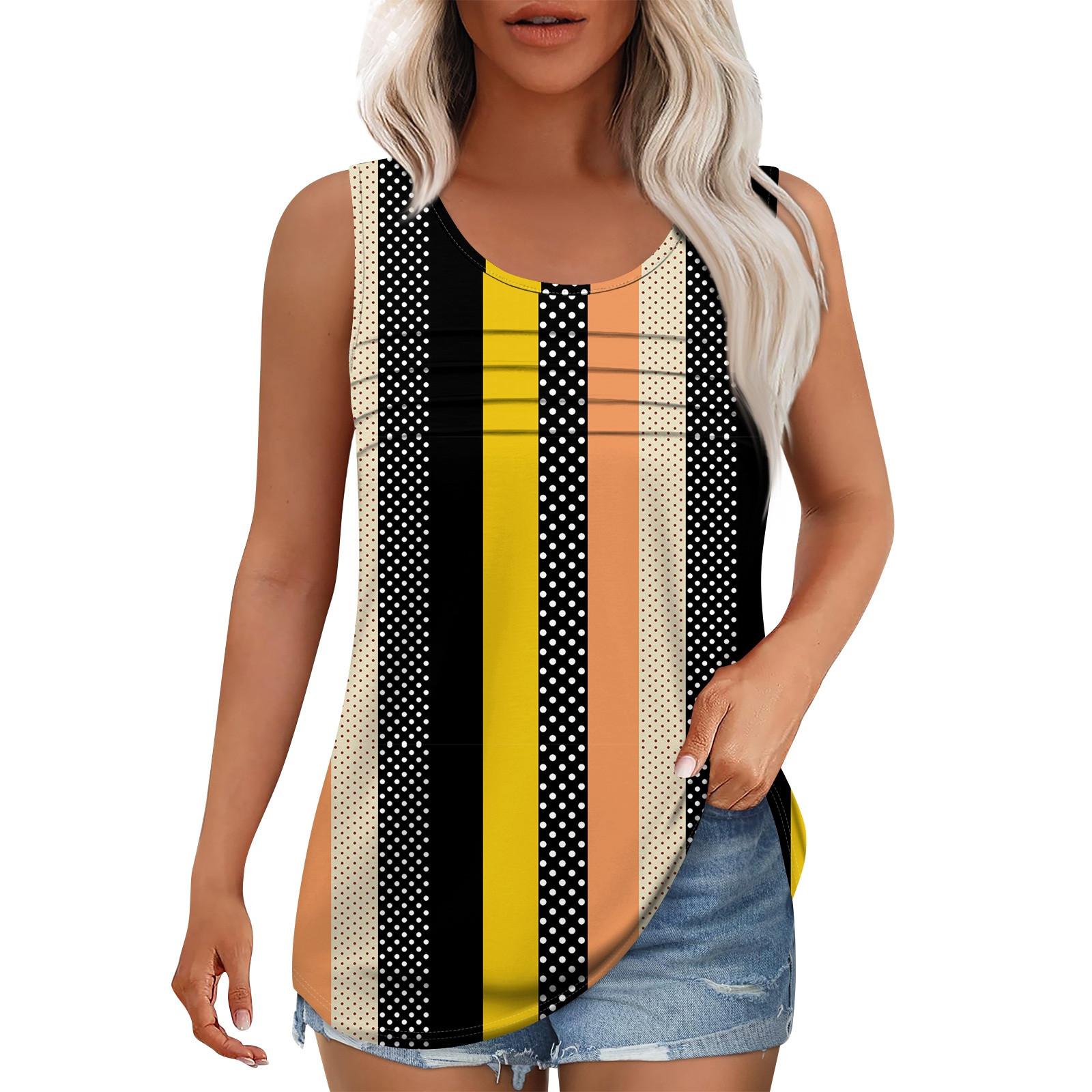 

Майка для женщин Летние наряды Без рукавов Блузки с принтом Повседневные свободные рубашки Округлый вырез Складки спереди XL жёлтый