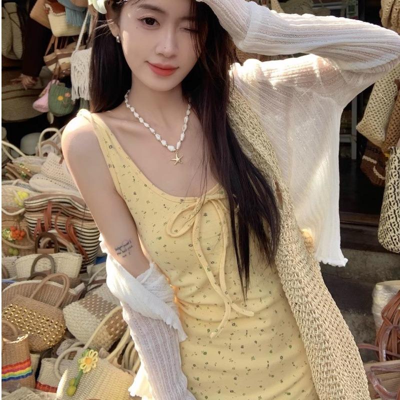 French Floral Bow Lace-up Dress Women's New Summer Temperament Slim and Thin Chic Long Skirt