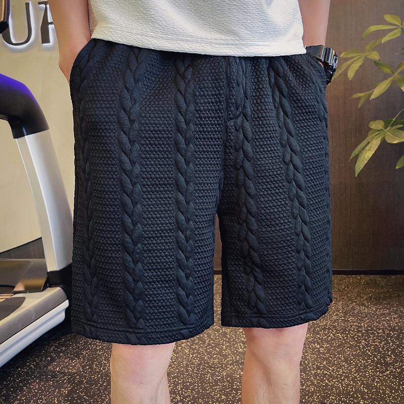 Summer Thin Fashion Korean Trend Versatile Elastic Shorts Men Pockets Straight Loose Versatile Solid Waffle Knee Length Pants