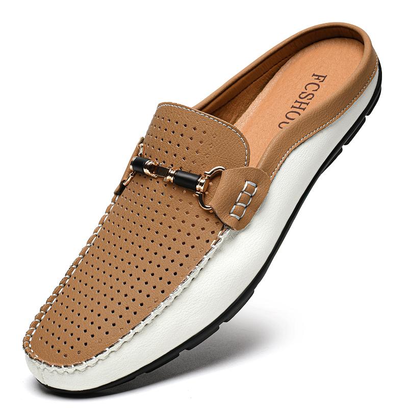 

Fashion Mens Casual Half Loafers Loafers Punching Shoes Men Genuine Leather Slippers Breathable Male Shoes Comfy Stylish Muller Moccasin 47 хаки