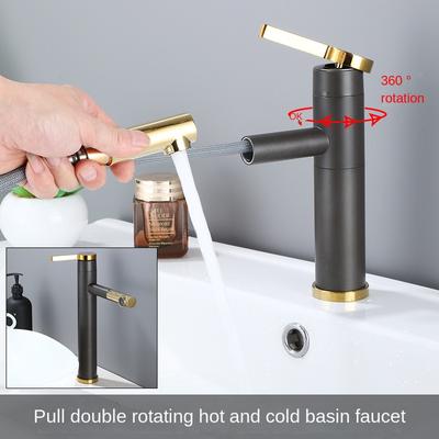 Rubinetto monocomando da lavabo a piattaforma oro grigiastro in bagno Girevole telescopico pistola per lavabo Grigio rubinetto miscelatore caldo/freddo per lavabo