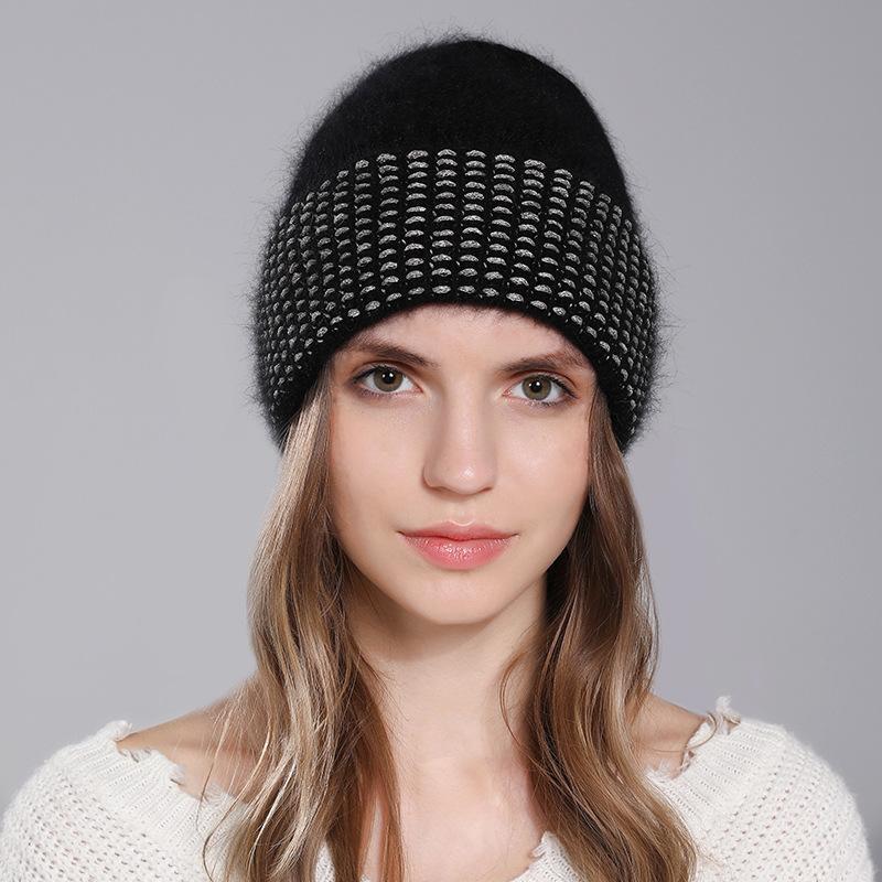 Women's Autumn Winter Angora Rabbit Hair Solid Color Warm Knitted Pullover Wool Cap Hats