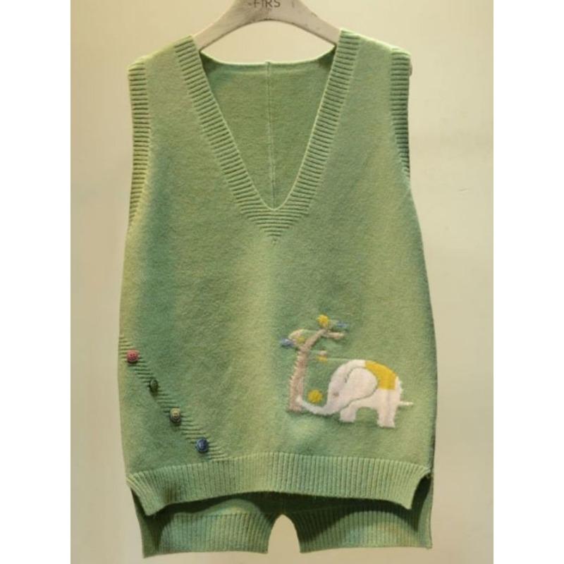 Embroidered Cartoon Elephant Women Knit Vest Retro Style Knitted Pullover Loose Casual Solid Color Thin Sweater Harajuku Style Knit Base Shirt Autumn