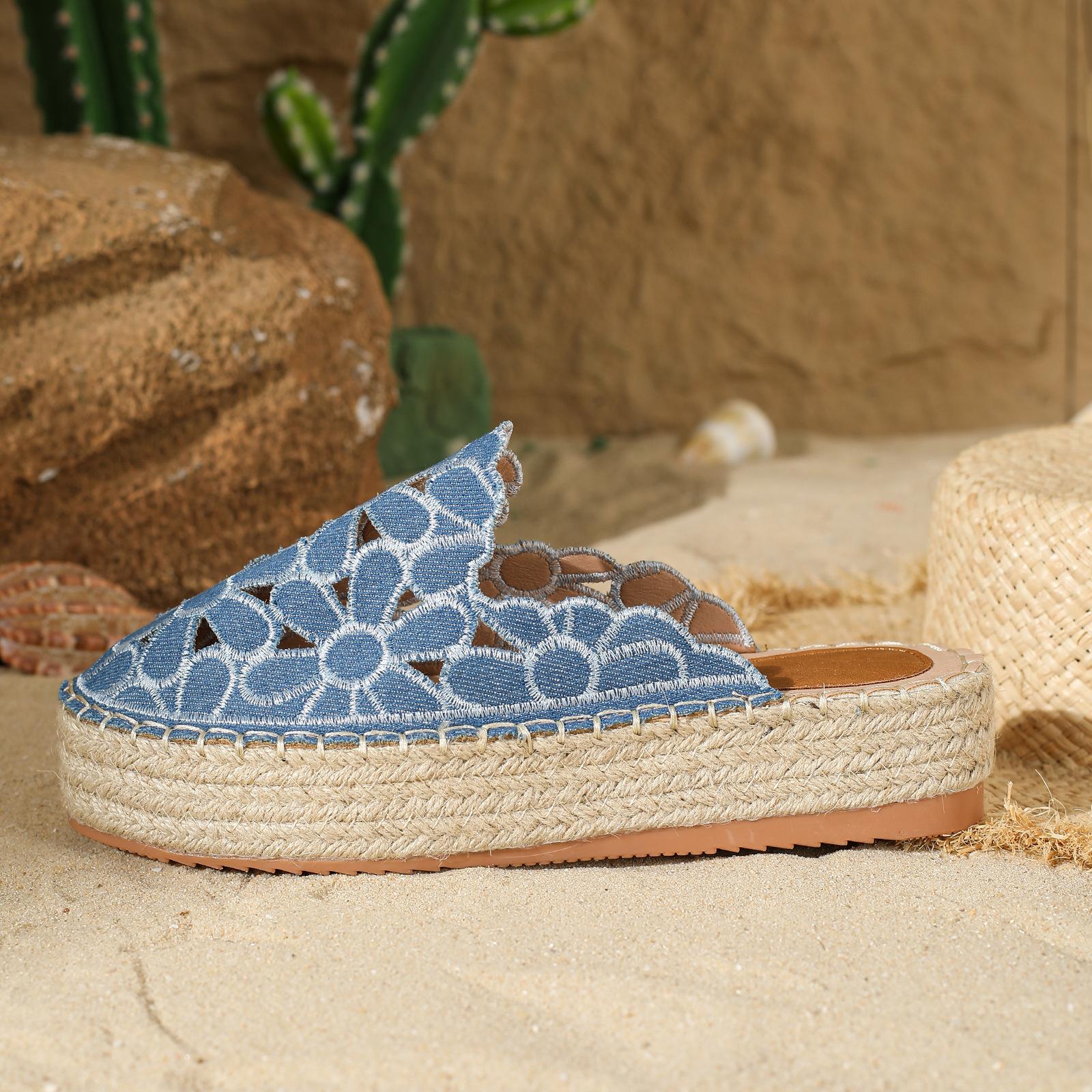 

Мода Размер 36 41 Балетки Женские тапочки Женские летние шлепанцы Ажурные плетеные пеньковые Толстый каблук Лоферы Закрытый носок Сандалии Сандалии женские 41 синий