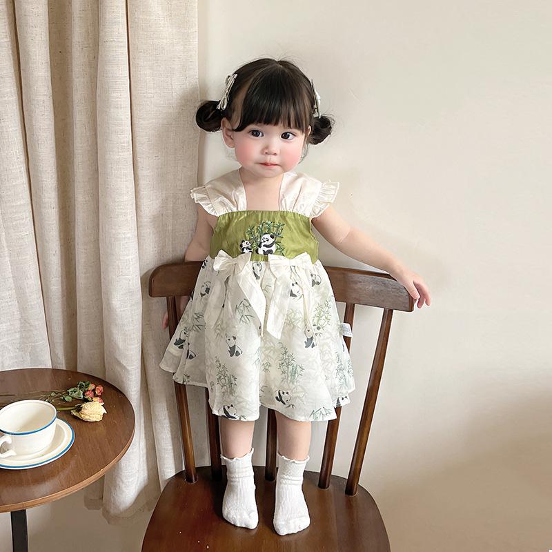 2025 Summer Baby Girls' Chinese Style Puff Sleeve Sling Dress with Frog Buttons - Princess Design for One-Year-Old