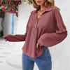 BITCED Women's Fall/Winter Polo Neck Button-Up Solid Color Long-Sleeve T-Shirt