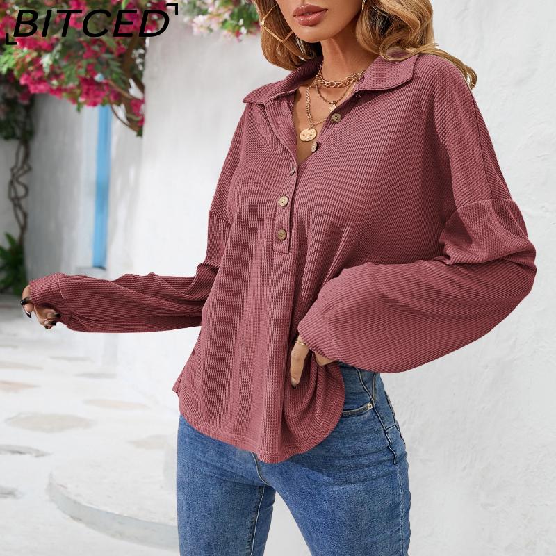 BITCED Women's Fall/Winter Polo Neck Button-Up Solid Color Long-Sleeve T-Shirt