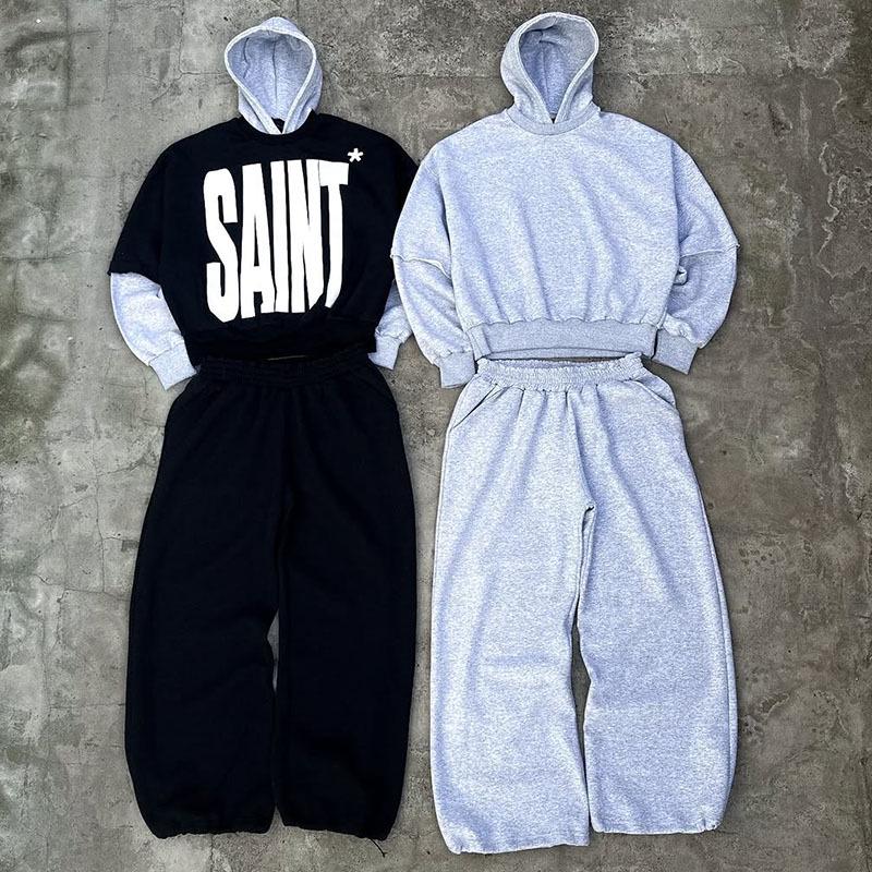Unisex High Street Loose Fit Patchwork Kapuzenpullover und Sweatpants Set