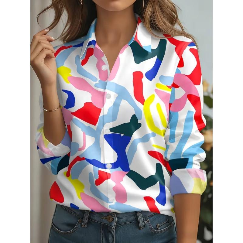 Elegant Women's Shirt Vintage Colorful Lines Printed Spring Autumn Blouse Lapel Neck Blouse Women Long Sleeve Loose Casual Shirt