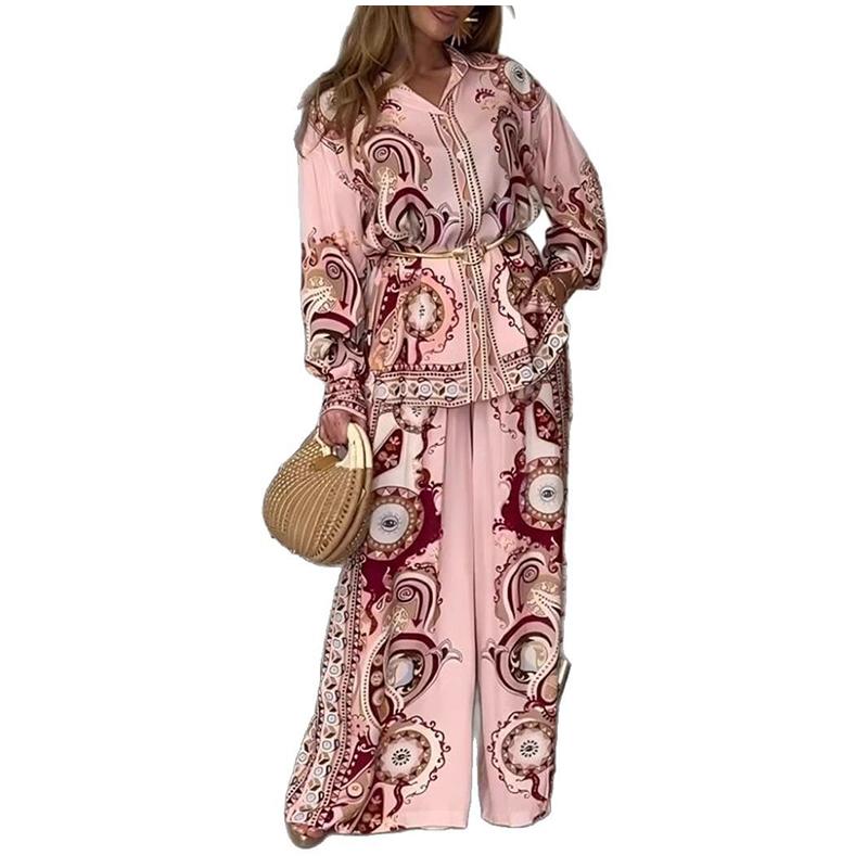 Women's Fashion Graffiti Print Lapel Shirt Trousers Two-piece Suit Summer Retro High Street Lady Elegant Suit