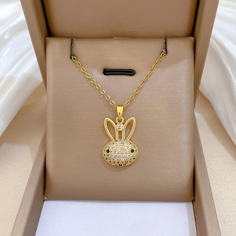 Cartoon Luxury Zircon Rabbit Pendant Necklace for Women Men Stainless Steel Chain Cool Cute Rabbit Jewelry Accessories Gifts