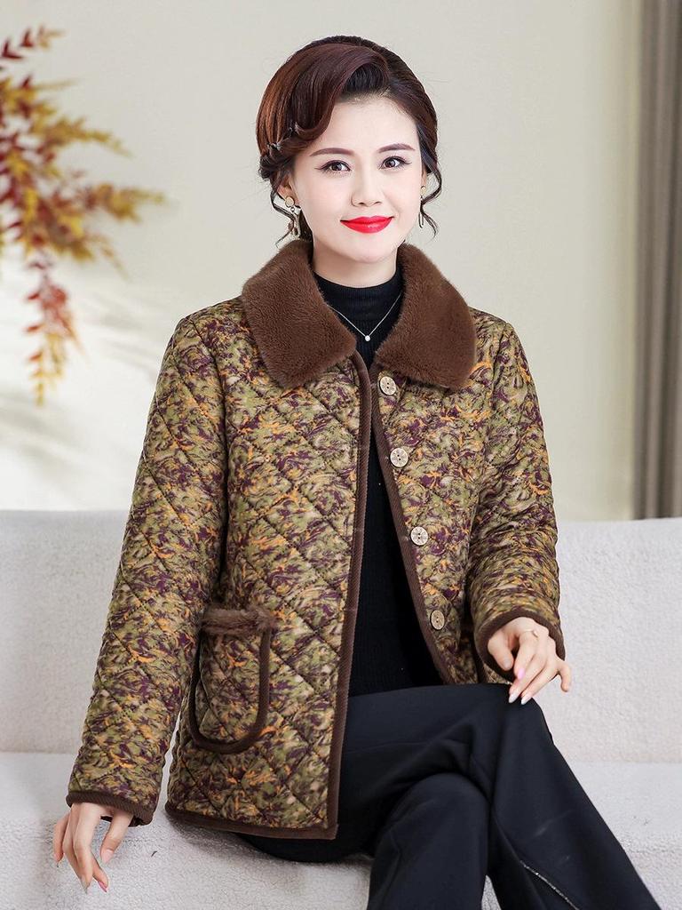 Mid-Aged & Elderly Women's Stylish Warm Velvet-Lined Winter Cotton Jacket
