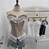 Retro Polka Dot Strapless Lace Trim Crop Top 