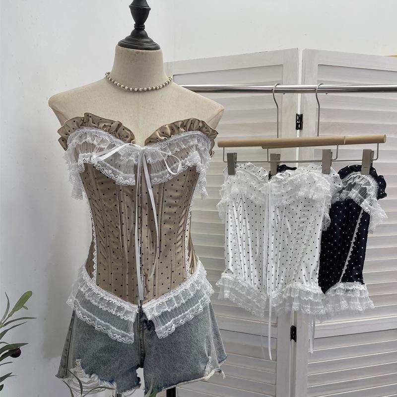 Retro Polka Dot Strapless Lace Trim Crop Top 