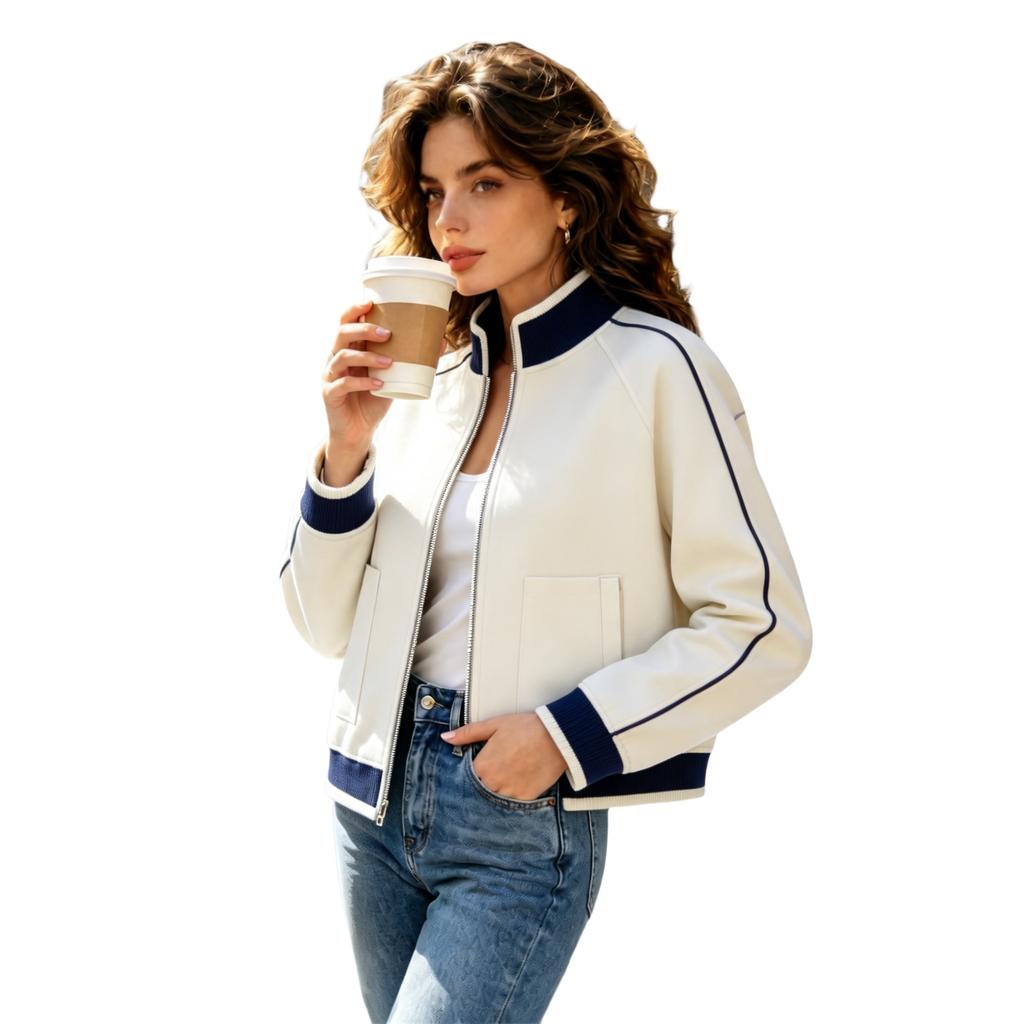 Color Block Stand Collar Open Front Cardigan Jacket Outerwear