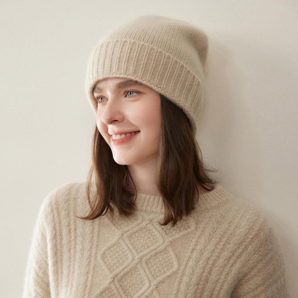 Autumn and winter new% pure cashmere knitted hat children's thickened thermal bald hat solid color versatile hat