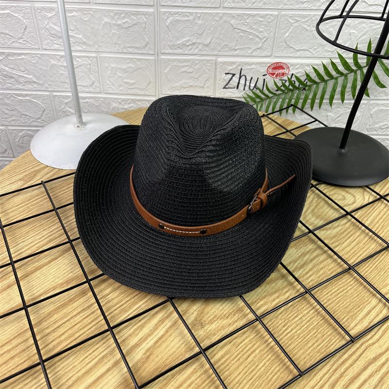 Cappello da Cowboy Unisex di Paglia a Tesa Larga Protezione Solare Cappello da Cowboy Cowgirl Western con Cordino Antivento Durevole da Viaggio Pieghevole per l'Estate