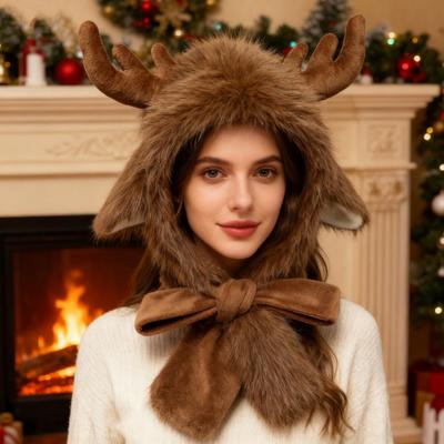 Winter Hat with Ear Flap Scarf Cartoon Deer Design Thickened Plush Ear Protection Hat Skiing Camping Travel Headwear