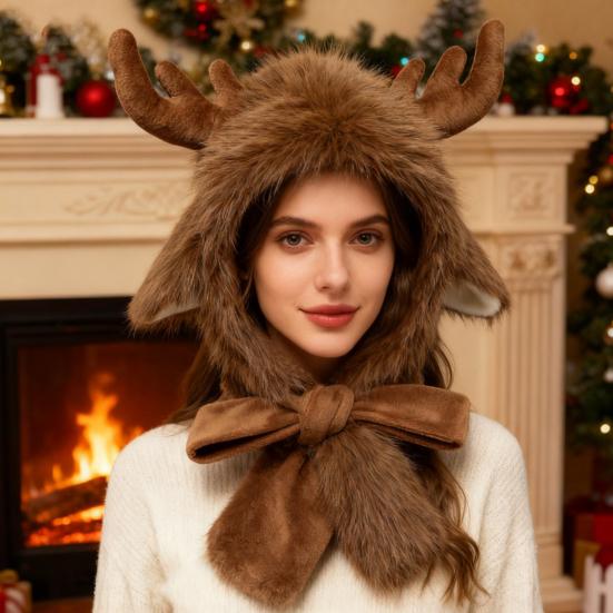 Winter Hat with Ear Flap Scarf Cartoon Deer Design Thickened Plush Ear Protection Hat Skiing Camping Travel Headwear