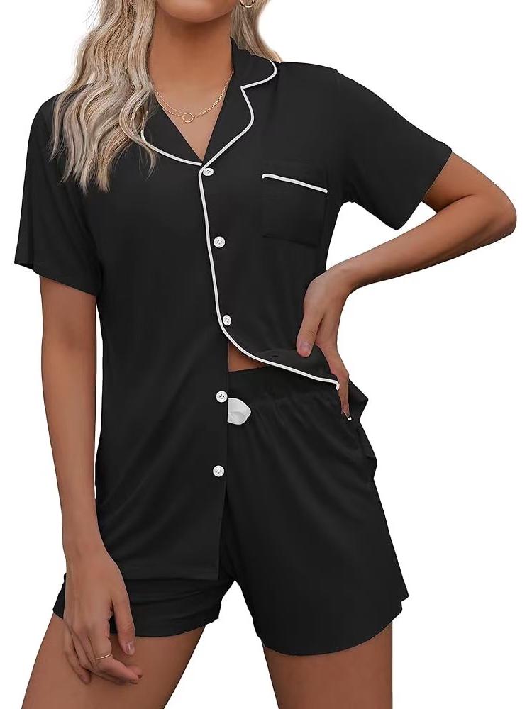 European & American Casual Lapel Women's Short Sleeve Cardigan Pajama Set with Shorts