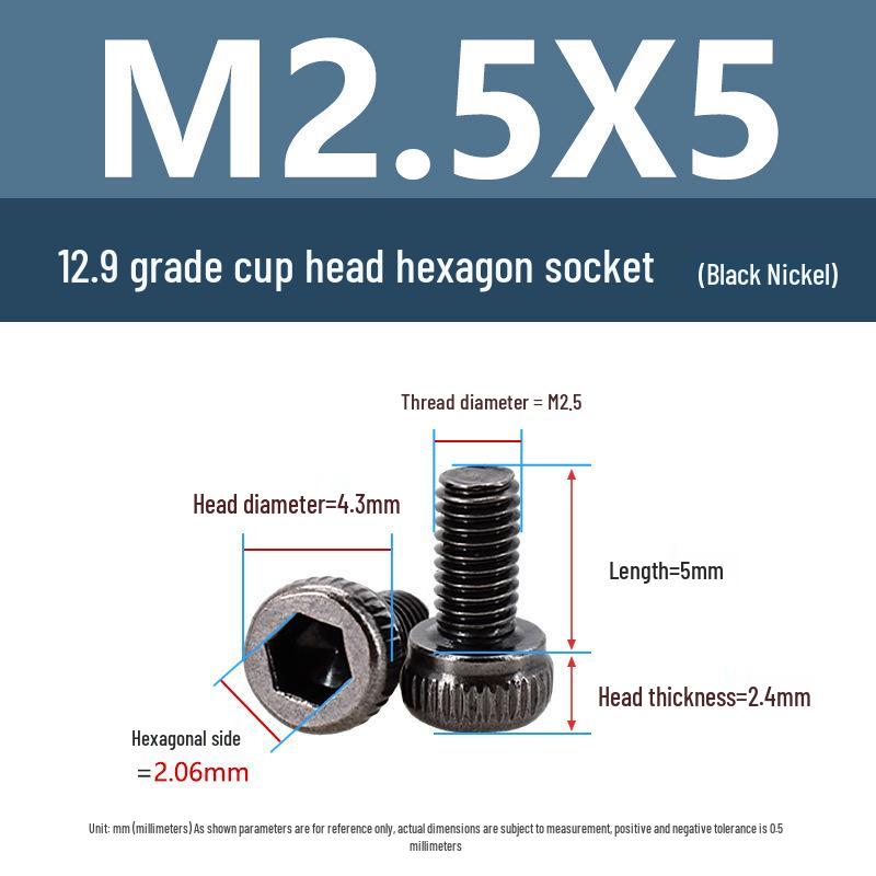 Yigu High-Strength Black Nickel Hex Socket Screw, M1.6-M4, Knurled Cup Head Bolt, 12.9 Grade.