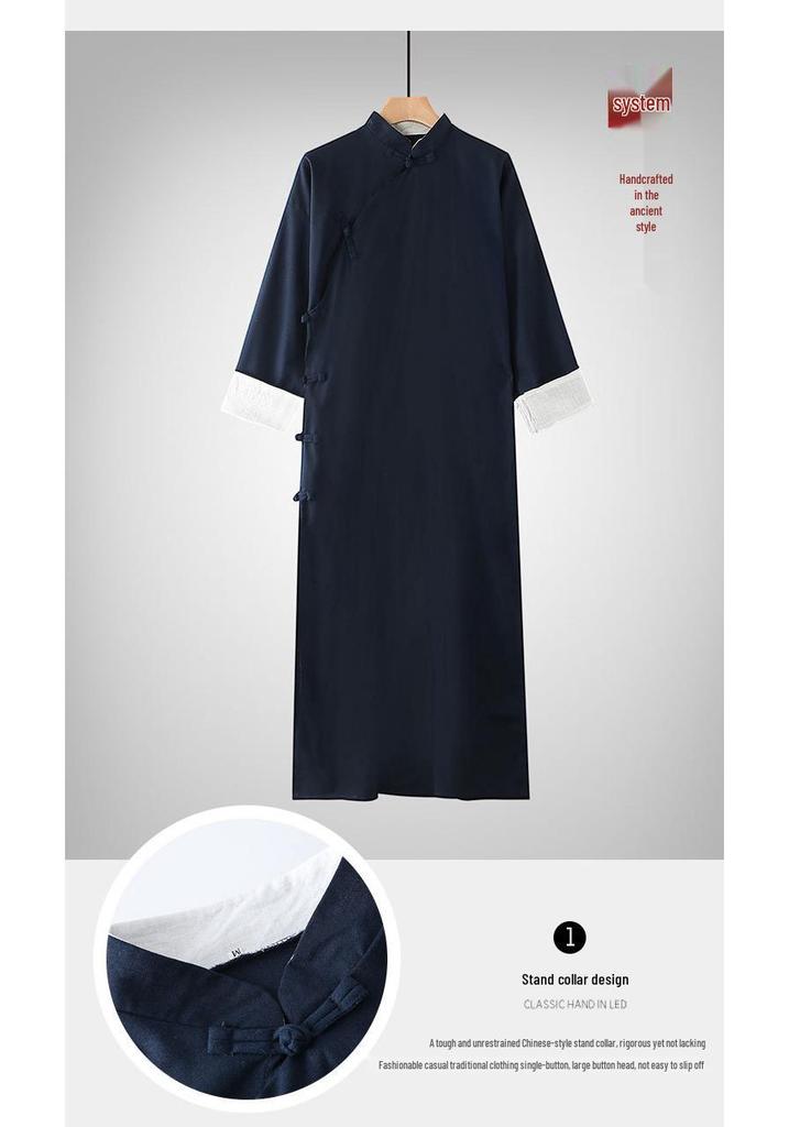 Cotton-Linen Chinese Style Men's Long Gown & Jacket for Tea Ceremony and Performance