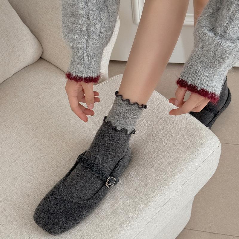 Socks Gray Boneless Wool Thickened Bow Warm Pile Socks Korean Socks Medium Tube Socks